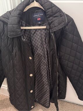 London Fog Black Quilted Pea Coat with Subtle Logo Lining